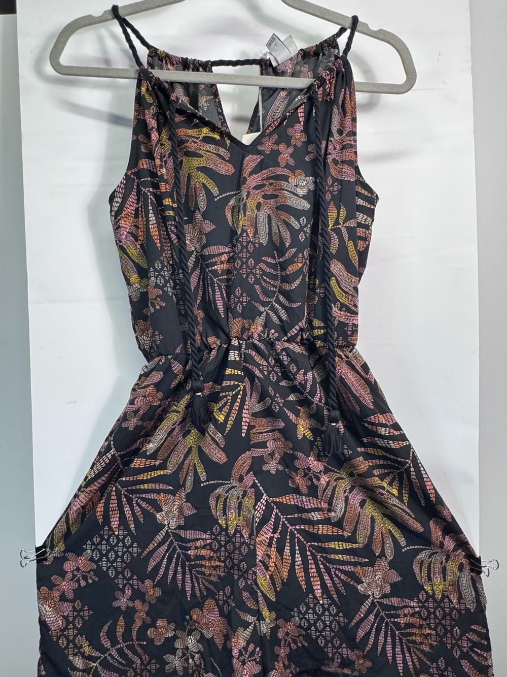 A. New Day Sleeveless Black Tropical Print Romper With Shorts
